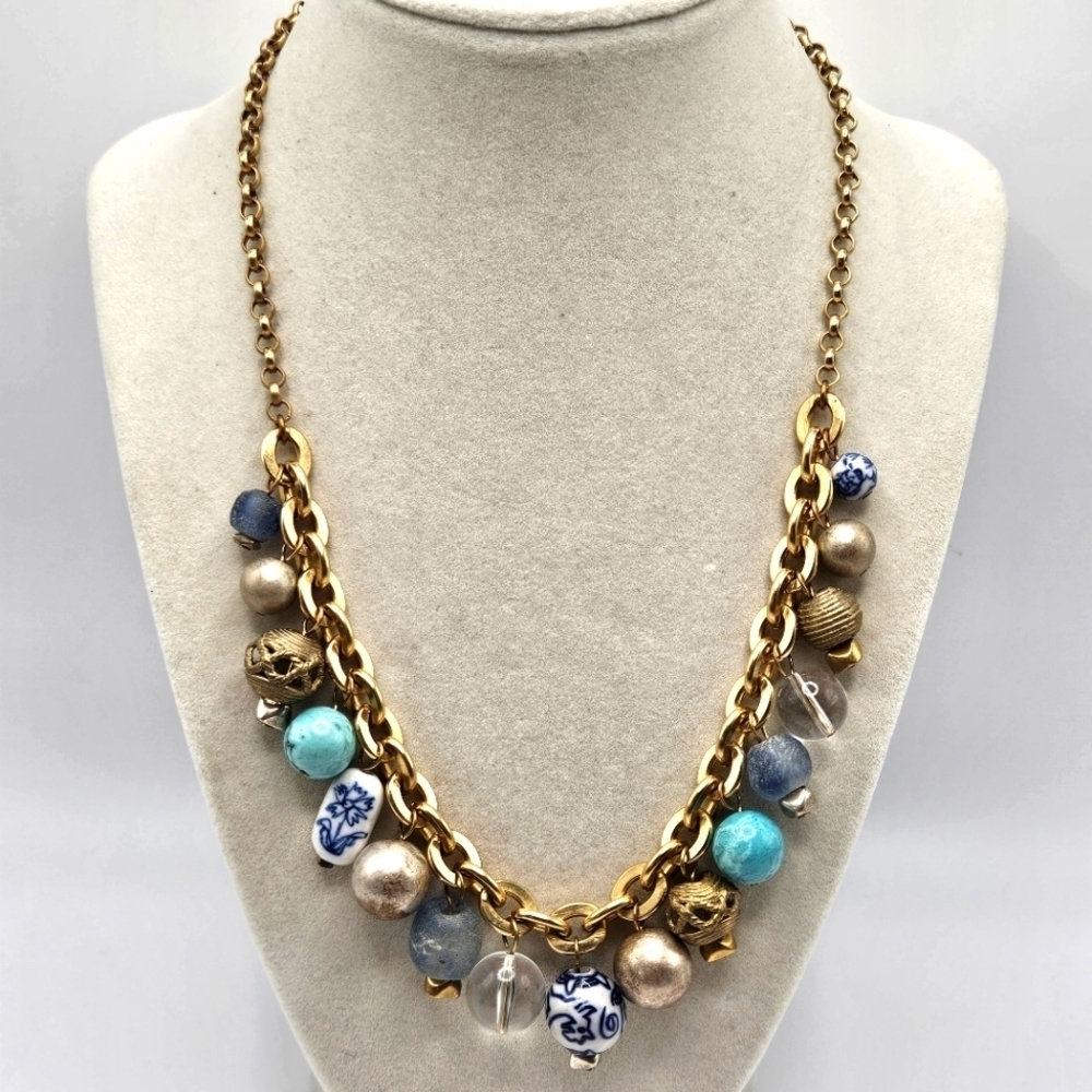 A.V. Max Gold Plated Blue Bead Dangle Chunky Necklace Signed